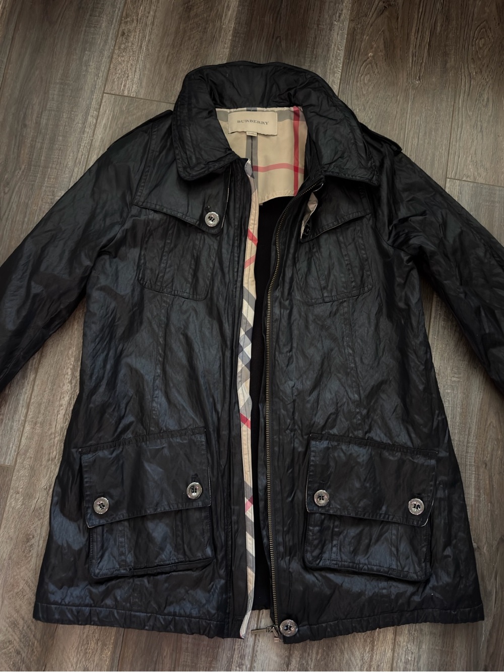 Burberry Black Waxed Trench Coat with Signature Check Lining